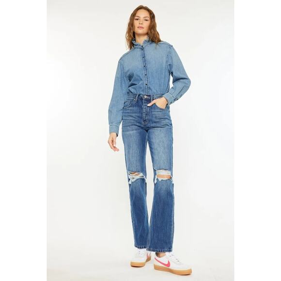 KanCan Ultra High Rise 90's Distressed Knee Medium Wash Boyfriend Denim Jeans - Picture 4 of 9